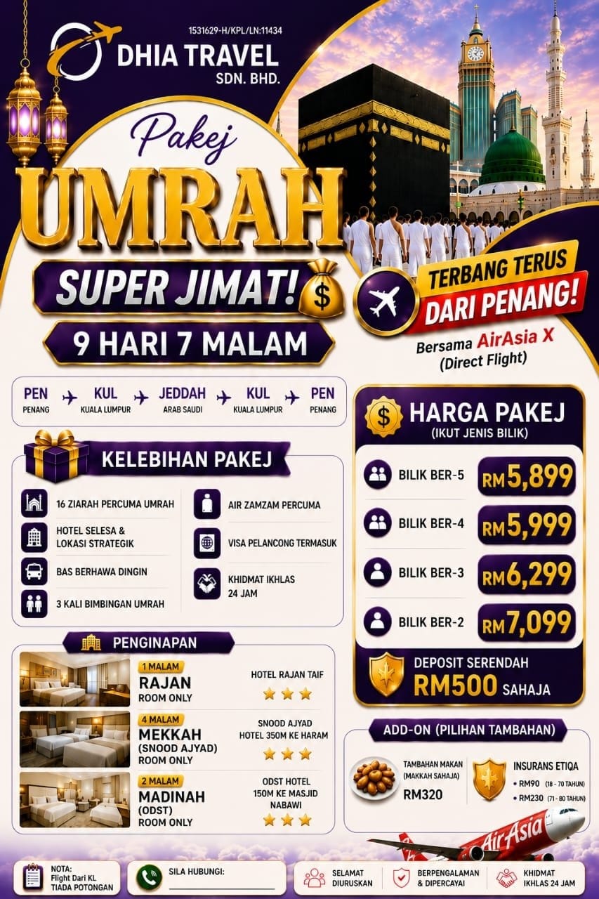 Pakej Umrah Super Jimat 9 Hari 7 Malam